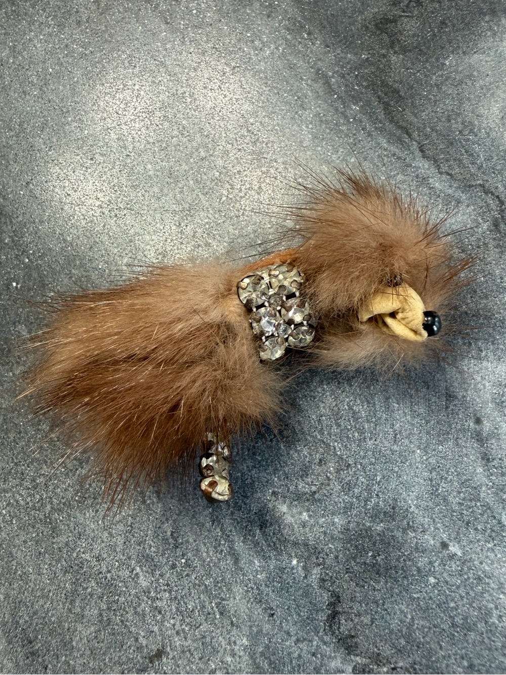 Vintage Estate Brown Mink Fur Crystal Animal Brooch